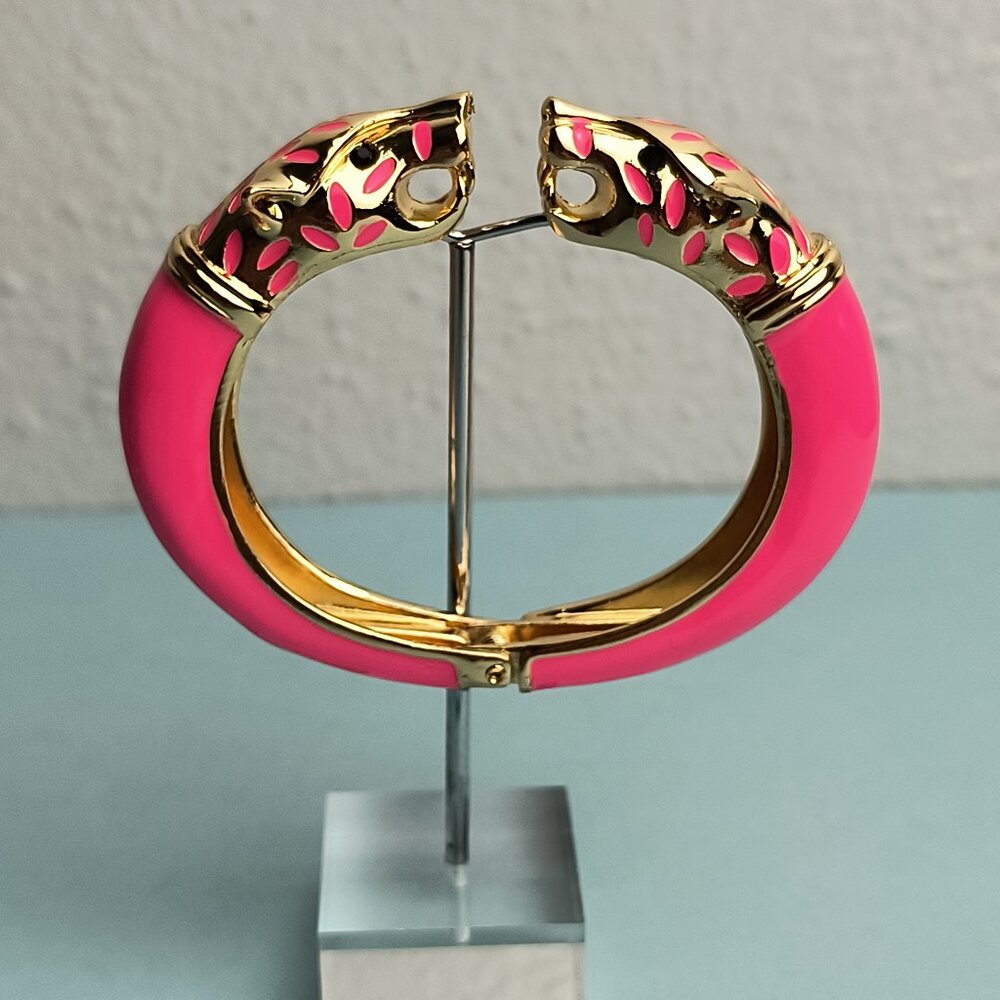 Statement Chunky Glaze Hinged Cuff Bracelet Double Wolf Head Rose Pink G…